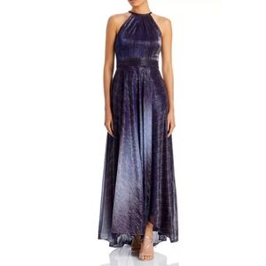 Aqua Metallic Ombre Gown High Neck Sleeveless Maxi‎ Formal Dress